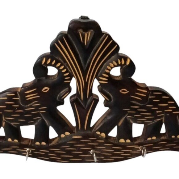 Vintage Hand Carved Two Wooden Elephants w/Tree 5 Key Hanger Made in India - Picture 3 of 4